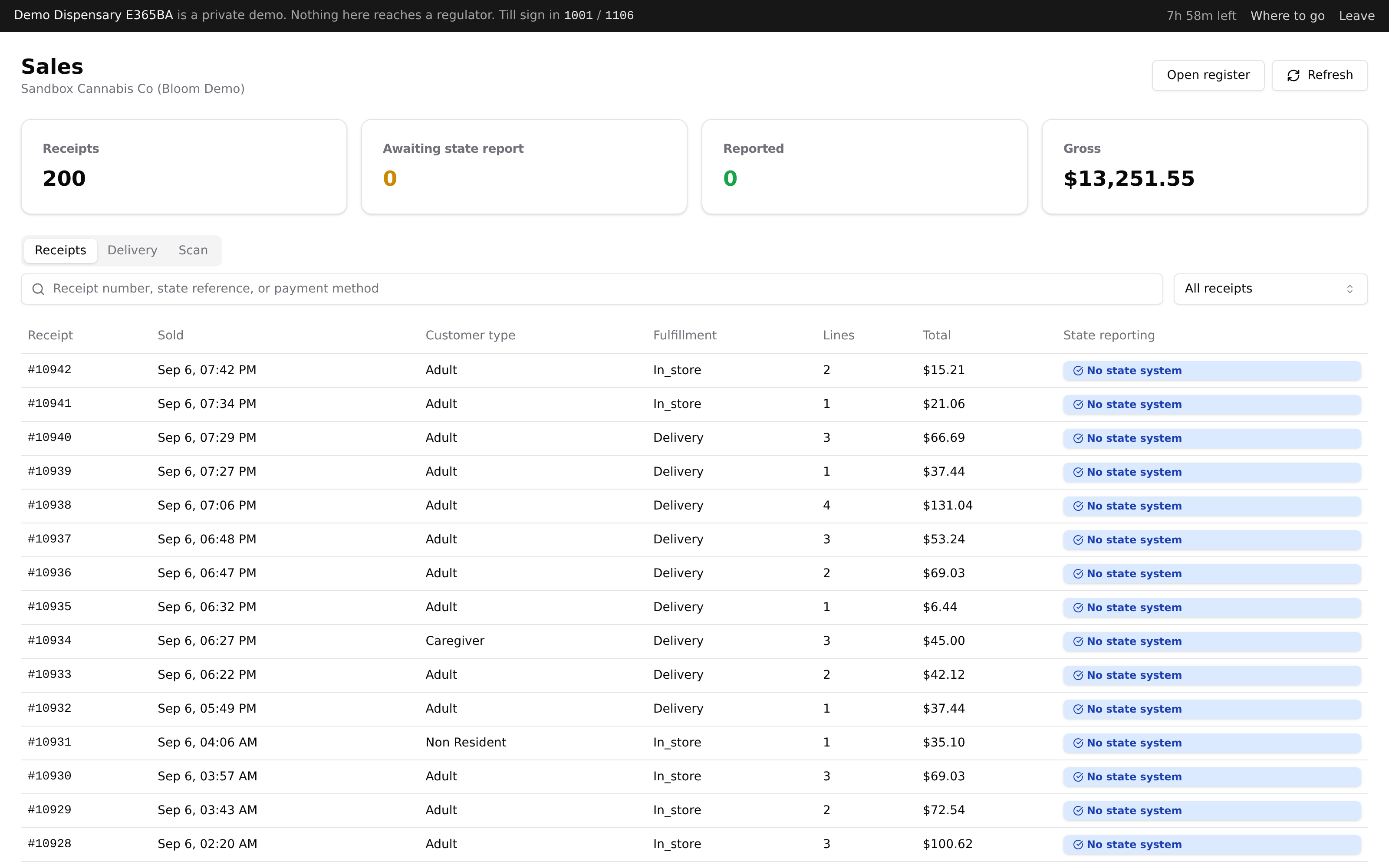 The Bloom order and receipt history with trace status per sale