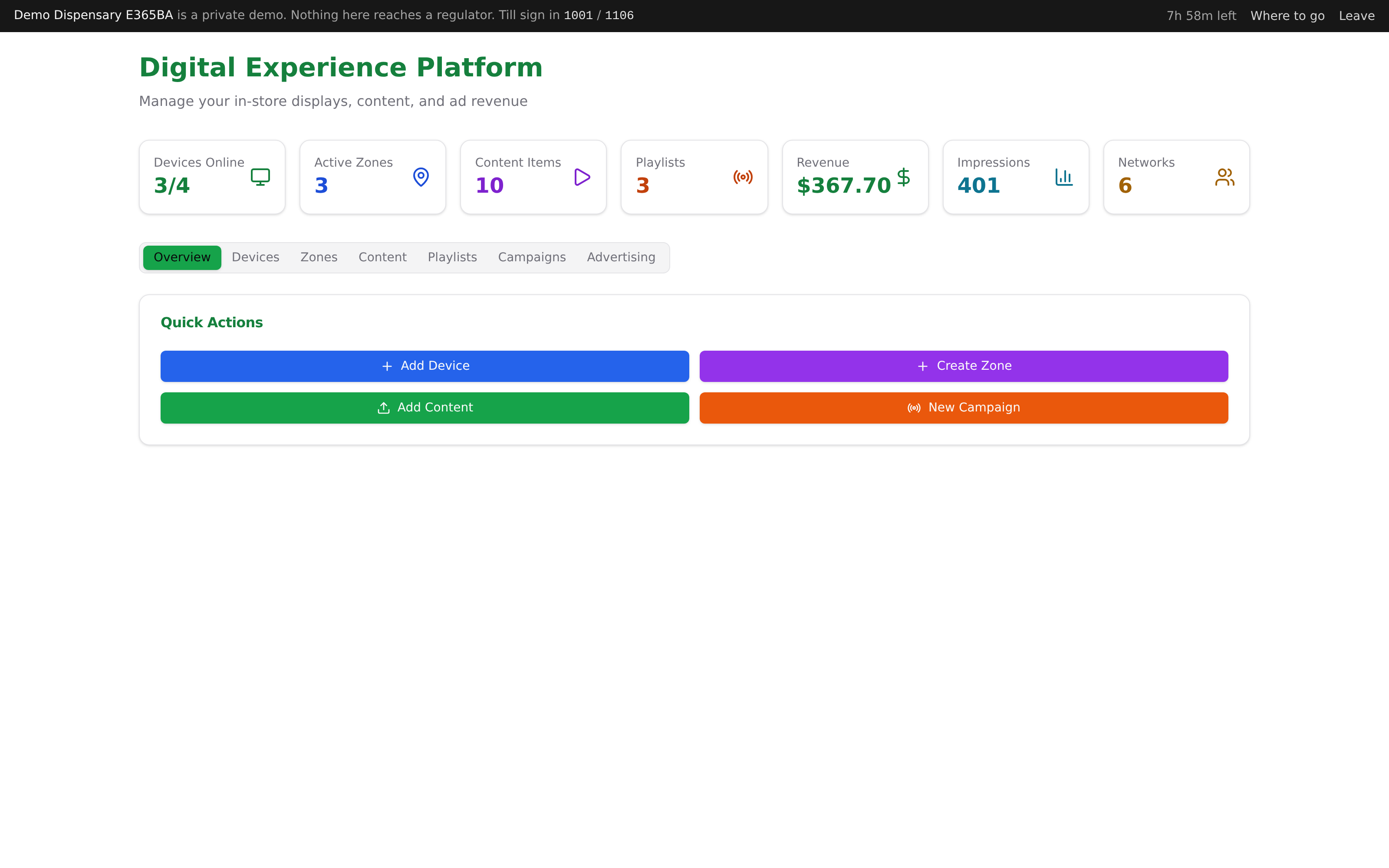 The Bloom screen management view with zones, devices and advert rotation